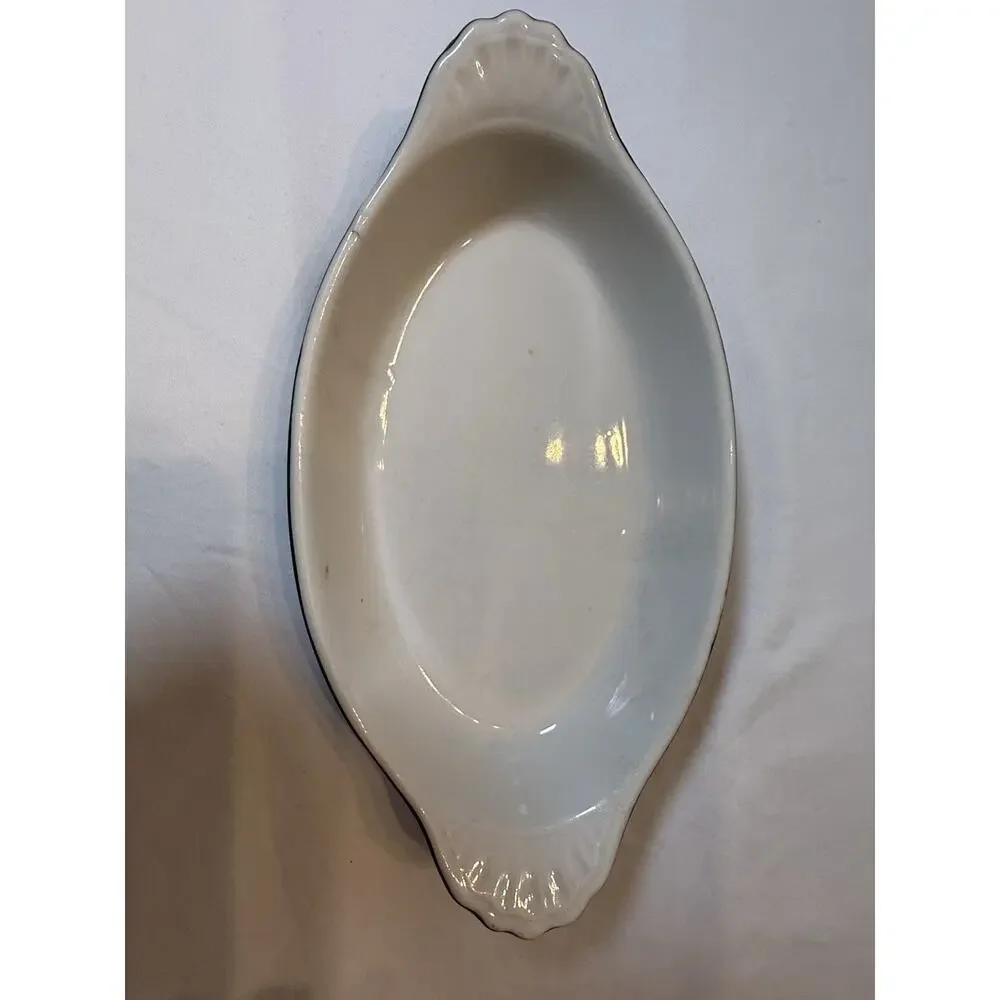 Shenango Ceramic Oval Baking Dish White Green Oven Safe 11x7in One-Piece